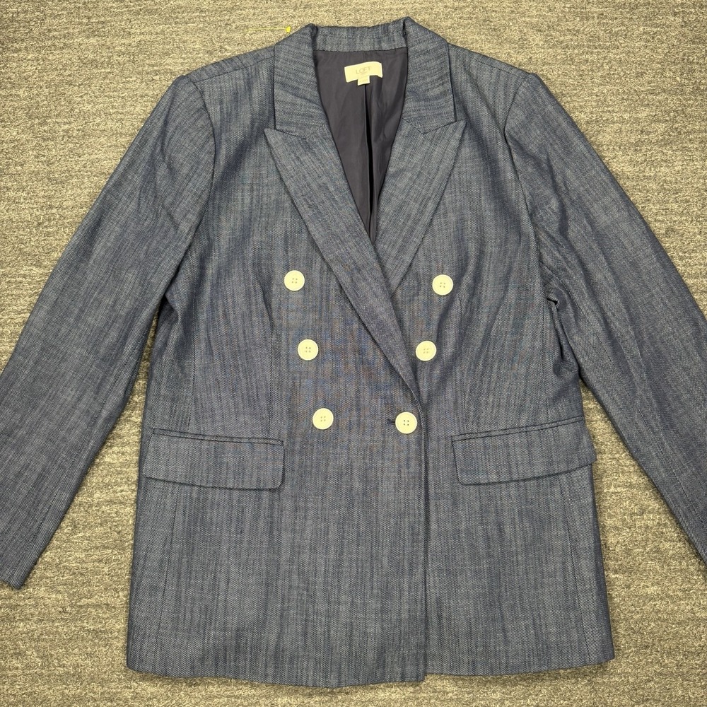 Loft Blazer Women 16 Blue Double Breasted Cotton Jacket Preppy Old Money Career